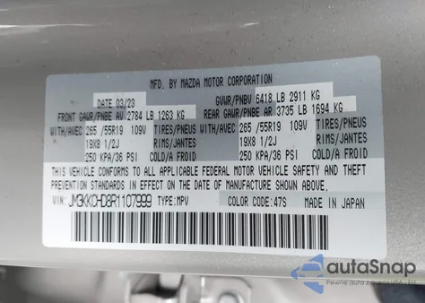 2024 Mazda Cx-90 3.3 Turbo Preferred Plus from USA, damaged, VIN JM3KKCHD8R1107999